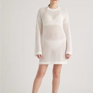 Quince Organic Cotton Open-Knit Long Sleeve Cover-Up Mini Dress in White Size: M